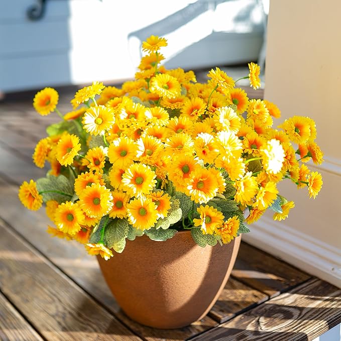 HyeFlora Dahlia Artificial Winter Flowers for Outdoors Decoration, 6 Bundles Fake Daisy Yellow Outdoor Faux Flower Plants Realistic UV Resistant Silk Flowers for Outside Planter Front Door Yard Garden
