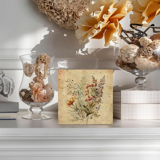 Vintage Fall Wildflower Wooden Box Sign, Floral Desk Decor, Retro Floral Decorative Signs for Office, Living Room, Bedroom, Botanical Flowers Home Shelf Decor - 5x5 Inch