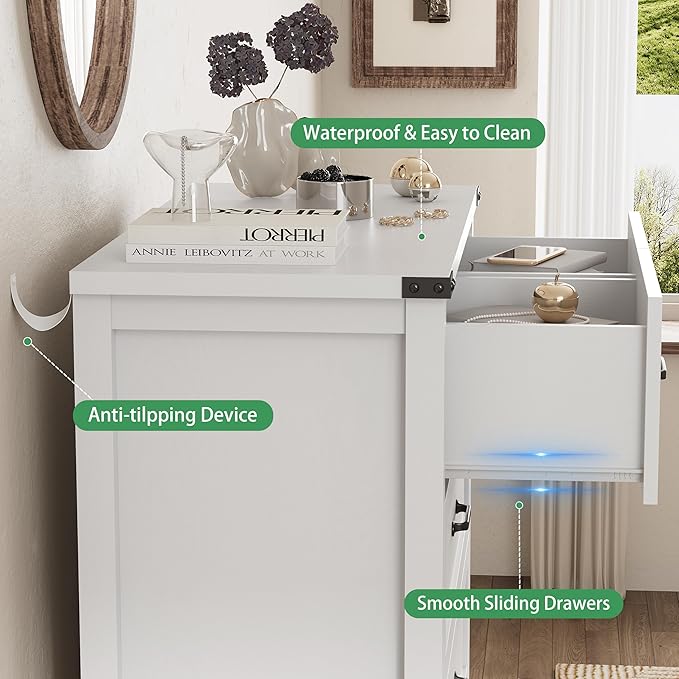 Dresser for Bedroom with 6 Drawers, 49" Tall Wood Chest of Drawers with Deep Drawers & Mental Handle, Modern Dresser TV Stand, Wooden Closet Storage Organizer for Living Room, Hallway, Entryway, White