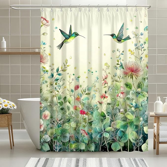 Green Leaf Flowers Shower Curtain Hummingbird Shower Curtains for Bathroom Waterproof Fabric Bath Curtain Decor with Hooks