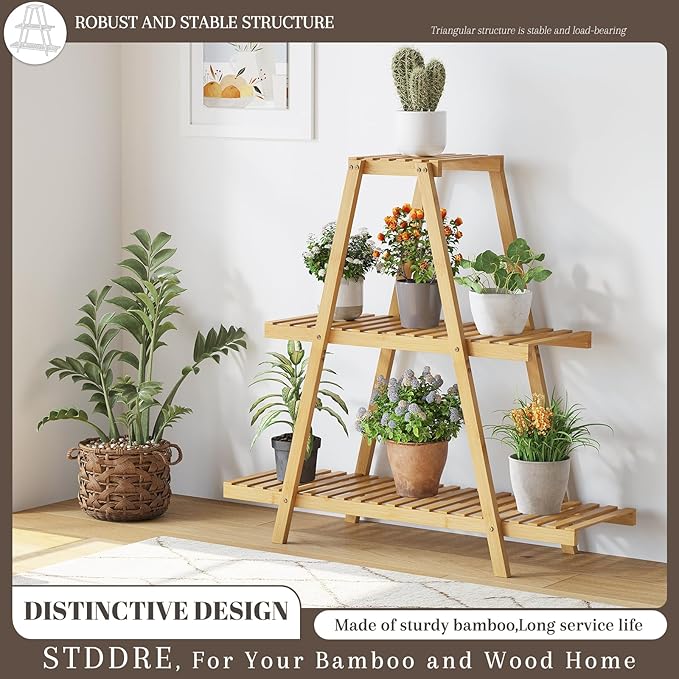 STDDRE Plant Stand For Indoor Outdoor Tiered Plant Shelf 3 Tier 8 Potted Bamboo Flower Holder Ladder Rack For Multiple Triangle Table Plant Pot Stand (Natural)