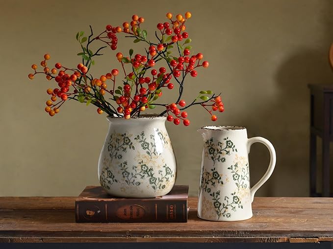 Vintage Flower Vase, Chinoiserie Floral Ceramic Vase for Home Decor, Green and White Decorative Vases for Centerpiece Table Decorations, Vases for Living Room Kitchen Entryway Mantle Shelf Decor Vase