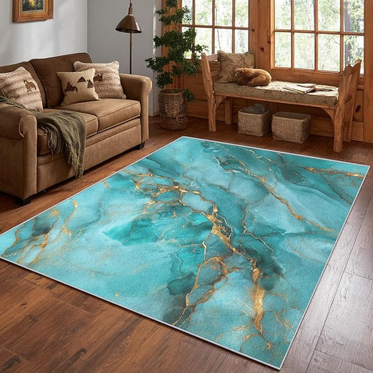Turquoise Marble Abstract Area Rug, Blue Gold Pattern Carpet, Washable Non Slip Low Pile Soft Thin, Living Room Bedroom Home Decor Mat 2x3ft(Small)