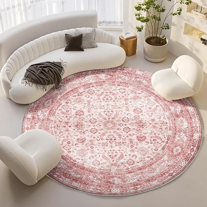 OPPODREAM Vintage Pink Round Rug 6ft, 6 ft Retro Washable Circle Rug Non Slip, Low-Pile Faux Wool Circular Carpet, Distressed Floor Mat for Living Room, Bedroom, Office, Dorm, Dinning Room
