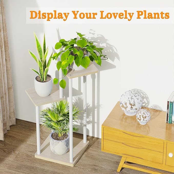 Oppro 3 Tier Plant Stand Indoor Outdoor, Metal Wood Tiered Corner Plant Stands Pot Holder, Wood Flower Shelf Orchid Display Rack for Living Room Bedroom Balcony Garden Patio, Modern White