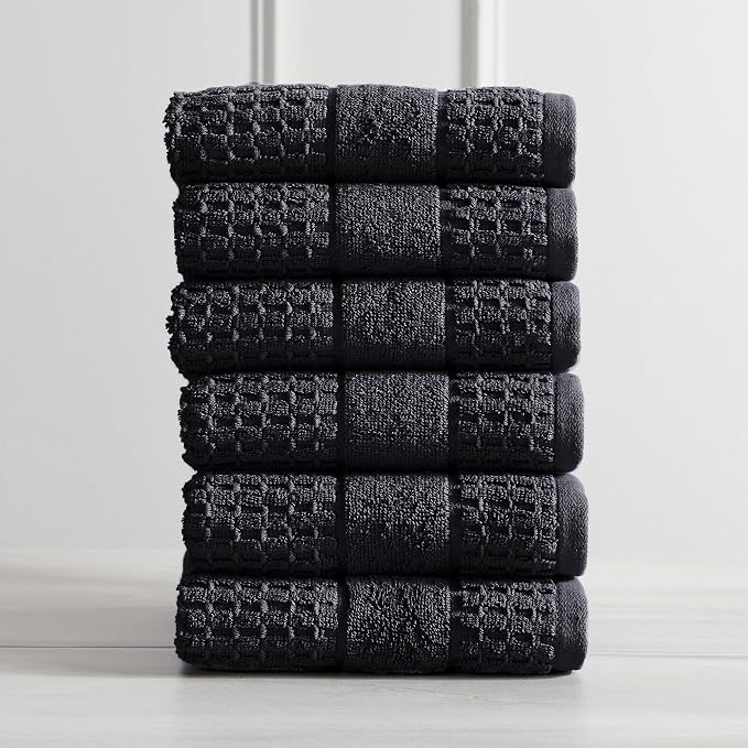 Market & Place 100% Cotton Super Soft Luxury Hand Towel Set | Quick-Dry and Highly Absorbent | Waffle Textured | 550 GSM | Includes 6 Hand Towels | Harper Collection (Black)
