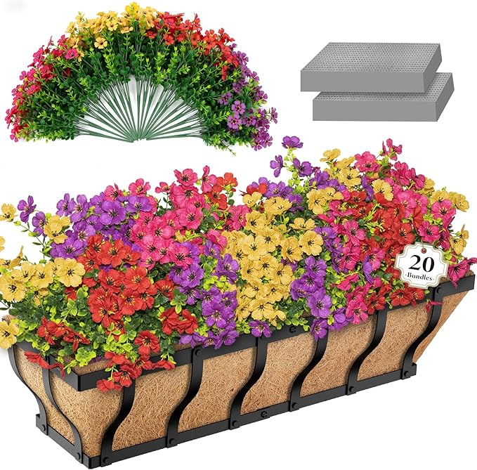 Railing Planter Boxes with Faux Flowers, Adjustable Balcony Planters for Railing Hanging, UV Sun Resistant Colorful Daisy for Porch Patio Balcony Home (1 Pack, 24 Inch)