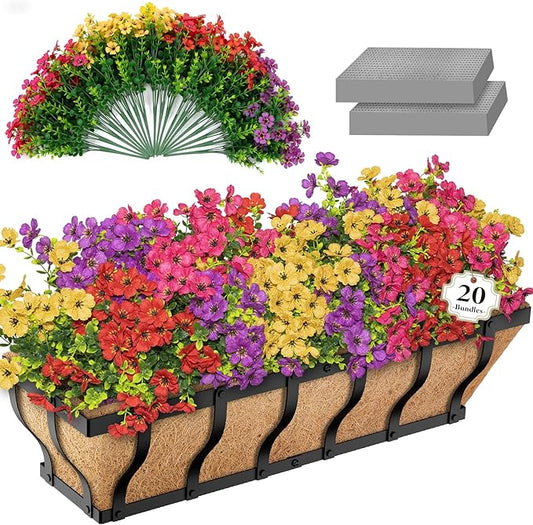 Railing Planter Boxes with Faux Flowers, Adjustable Balcony Planters for Railing Hanging, UV Sun Resistant Colorful Daisy for Porch Patio Balcony Home (1 Pack, 24 Inch)