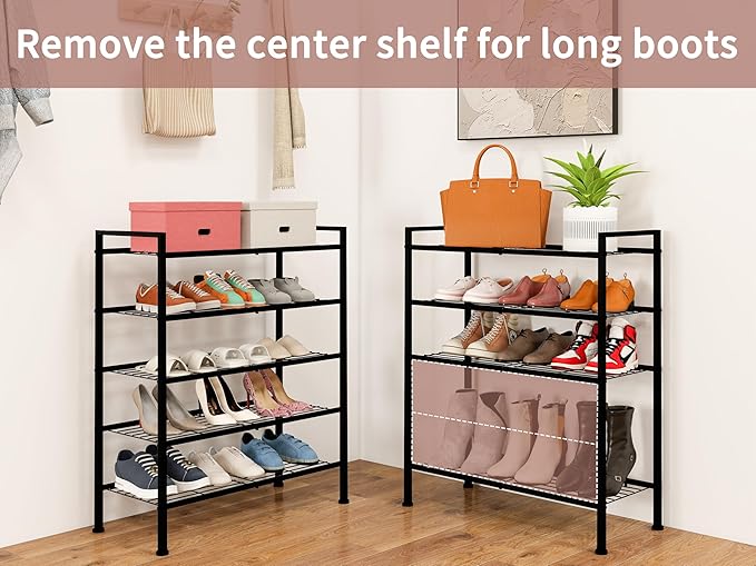 DongRong 5-Tier Shoe Rack,Metal Simple Shoe Storage Organizer Utility Shelf for Closet,Entryway, Bedroom,Small Spaces (Black, 5 Tier)