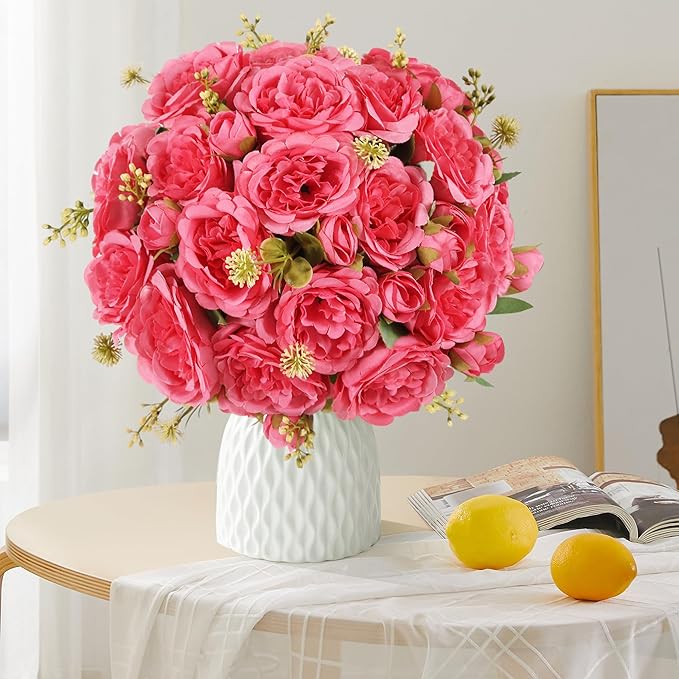 12 Packs Artificial Peonies Silk Flowers: Faux Peony Bouquet 12 Bundles, Fake Peonies Flowers Bulk for Centerpiece Table Wedding Party Home Decor for Christmas Decoration (Rose Red)
