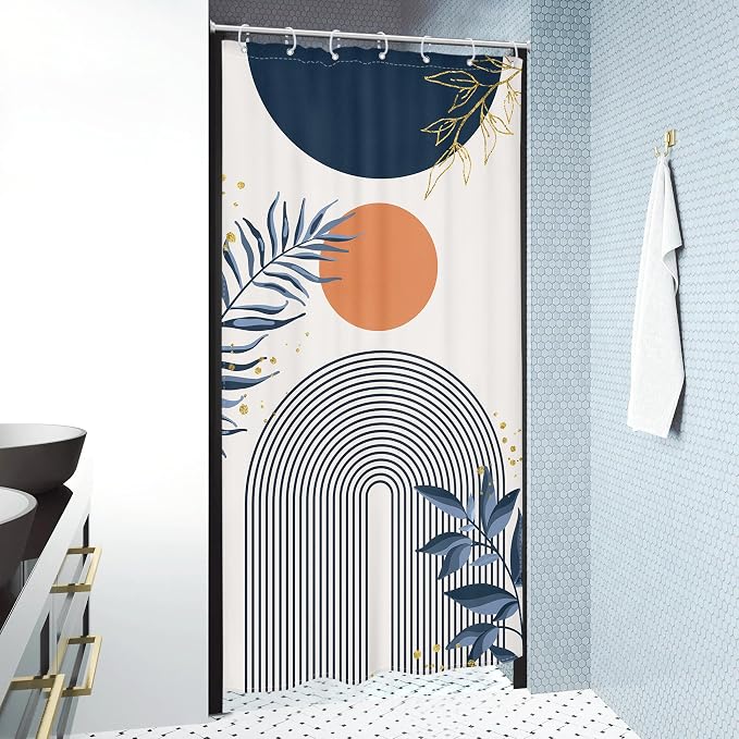 Small Stall Boho Shower Curtain 36Wx72H Navy Blue Modern Bohemian Mid Century Gold Leaves Orange Minimalist Geometric Bathroom Decor Half Narrow Bath Curtain Fabric Polyester 7 Pack Hooks