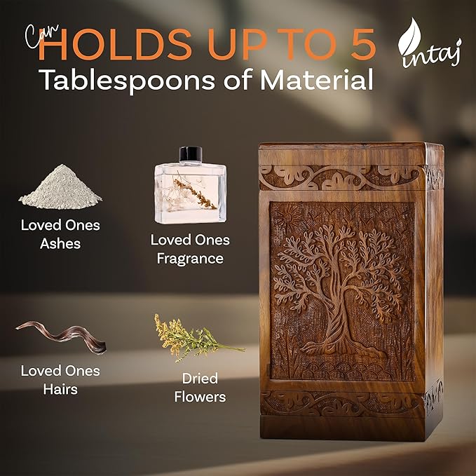 INTAJ Tree of Life Wooden Urn for Human Ashes, 20lbs Capacity, Suitable for Burial for Men, Women, Mom, Dad - Mini Rosewood Keepsake Cremation Urn for Ashes Handcrafted