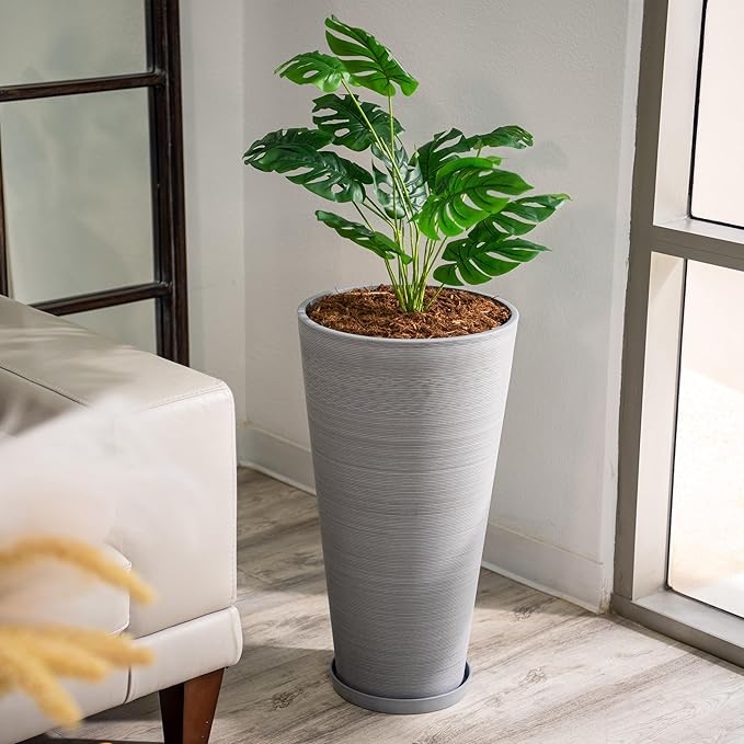 XBrand Modern 28-Inch Tall Round Planter, Modern Tapered Planter Perfect for Indoor & Outdoor Planter, Patio Décor, Set of 2, Gray