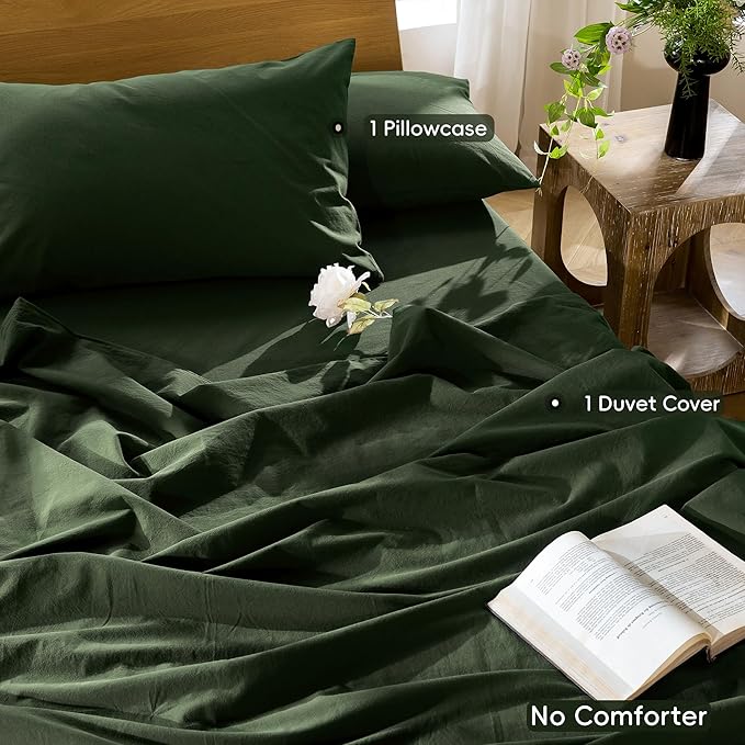 MooMee Bedding Duvet Cover Set 100% Washed Cotton Linen Like Textured Breathable Durable Soft Comfy (Solid Forest Green, Twin 68"x90")