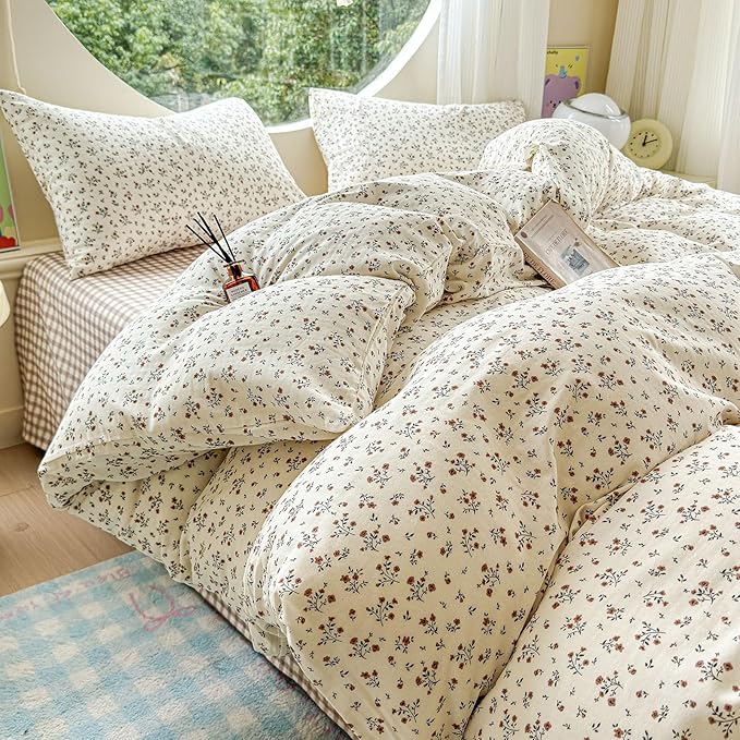LifeTB 100% Cotton Muslin Duvet Cover Twin Size Vintage Botanical Floral Duvet Cover Ultra Soft Flower Comforter Cover Lightweight Soft Breathable Gauze Bedding Comforter Cover with 2 Pillowcases