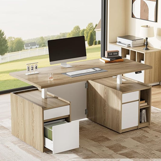 Executive Standing Desk with Drawers & Storage, 71'' Adjustable Electric Stand Up Wood Desk with Privacy Panel, AC/USB, File Cabinet, Large One-Piece Destop for Home Office, Light Walnut