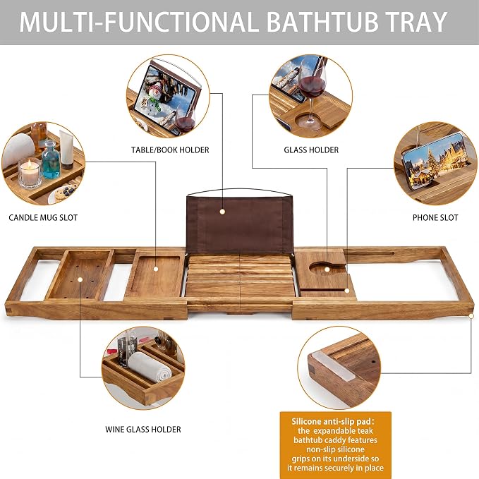 Acacia Wood Bathtub Tray Caddy,Foldable Bath Tray for Tub,Expandable Bath Table Trays,Bathtub & Bathroom Accessories for New Home & Mothers, Birthday Gifts for Mom