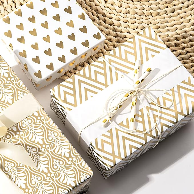 LeZakaa Gold Wrapping Paper Roll, Luxury Metallic Gift Wrap with Heart, Geometric & Floral Pattern for Wedding, Birthday, Anniversary, Bridal Shower, Christmas, Valentines, 17 x 120 inches, 3Rolls