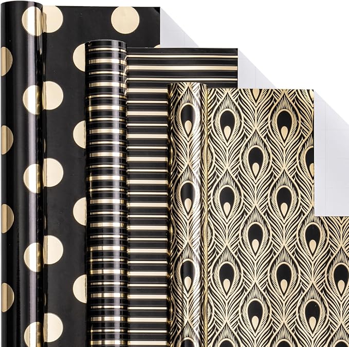 LeZakaa Black Gold Wrapping Paper, Luxury Metallic Gift Wrap with Polka Dots, Stripes & Peacock Feather Pattern for Birthday, Wedding, Bridal Shower, 17 x 120 inches 3 Rolls, Mini Roll