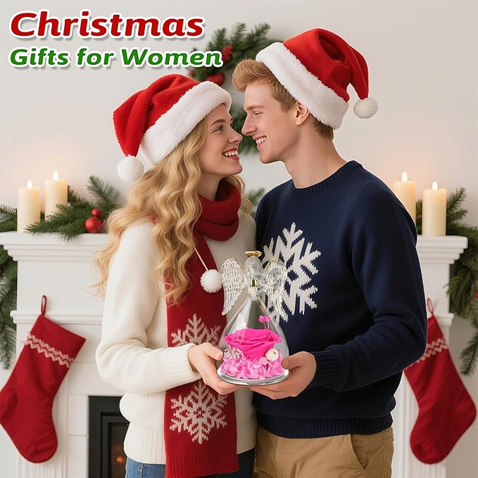 Yamonic Birthday Gifts for Mom,Christmas Angel Figurines with Real Rose Gifts for Her Mom Grandma,Preserved Flowers Rose Glass Angel Figurine for Mothers Day Christmas Birthday Gifts for Her(Hotpink)