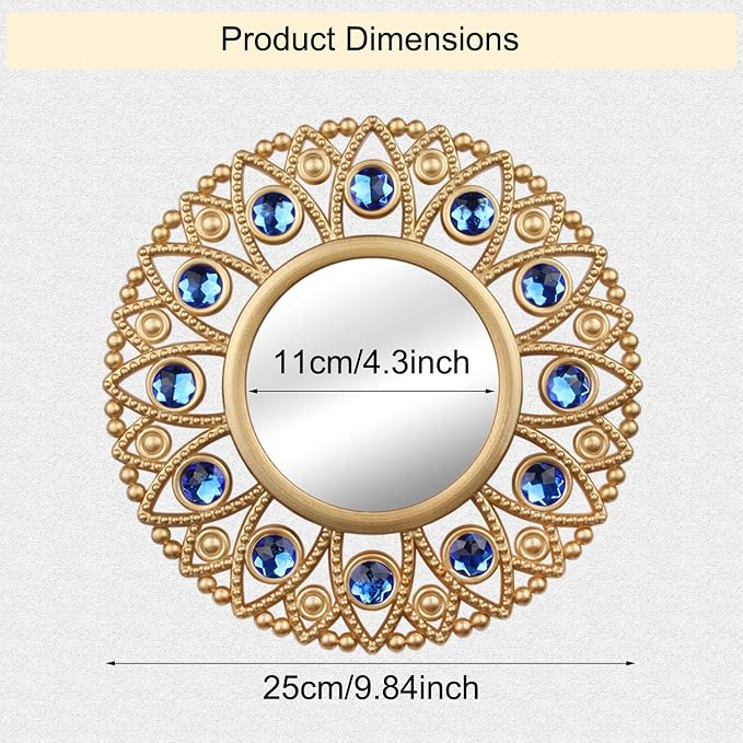 DXYAKY Gold Round Decorative Wall Mirrors Set of 3, Lightweight Plastic Framed Mirrors with Blue Crystal Accents, 9.8 Inch Vintage Boho Wall Decor for Livingroom, Bedroom, Entryway