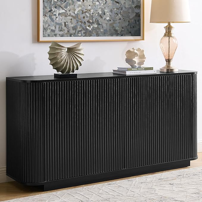 64" Sideboard Buffet Cabinet with Storage, Modern Fluted Accent Credenza with Adjustable Shelves, Wood Media Console Coffee Bar Table for Living Room Kitchen Dining Room, 31.5" H, Black