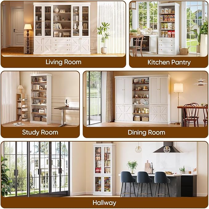 Vyre 70.8" Bookshelf with Glass Doors, Farmhouse Modular Bookcase with 6-Tier Adjustable Shelves, Large Storage Cabinet for Living Room & Home Office, White