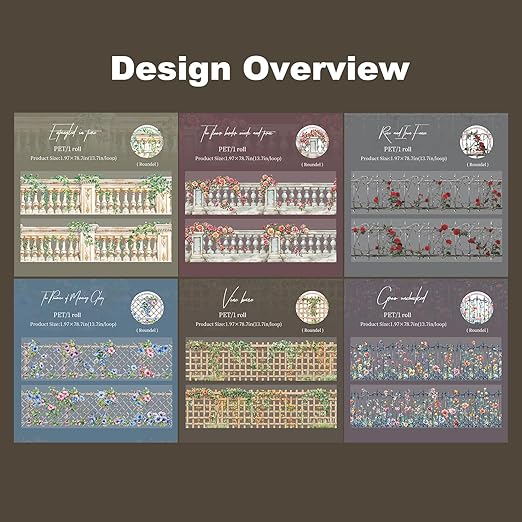 AuriicLeaf Floral Trellis PET Tape Set - 6 Rolls of Seamless Vintage Balcony & Vine Designs with 1 Metal Clip, Self-Adhesive Waterproof Decorative Tapes for Scrapbook Journal and DIY Décor