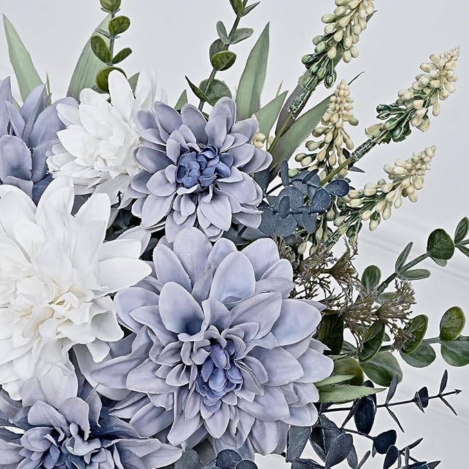 MARTINE MALL Fake Flowers in Vase, Faux Flowers in Vase, Dahlia Artificial Flowers in Vase Centerpiece Table Decorations Artificial Flower Arrangement for Home Dining Room Office Farmhouse, Blue