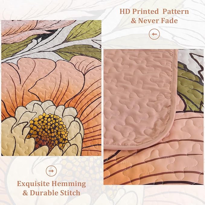 Dintszyayue Pink Quilt Set King, 3 Pieces Floral Bedspreads Lightweight Coverlet Set for All Seasons, Reversible Quilted Printed Bedding Set with 2 Pillow Shams