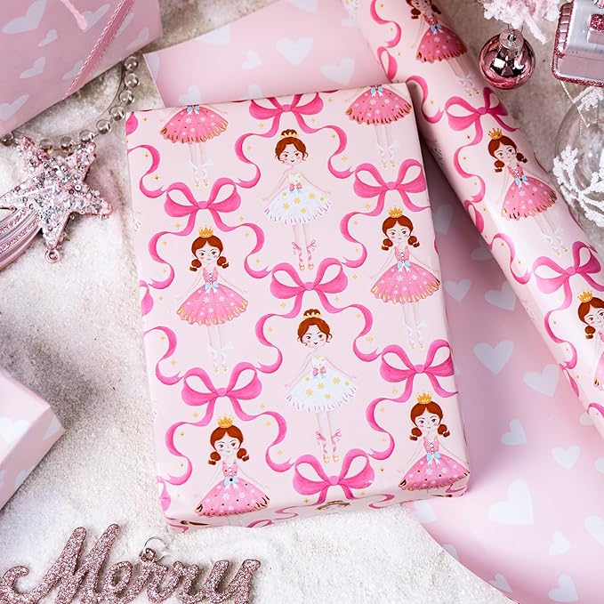 Homeral Pink Ballerina Christmas Wrapping Paper Roll - Ballet Princess with Bowknots and Snowflakes & Heart Pattern Reversible Gift Wrap for Christmas, Girls Birthday - Mini Roll - 17 Inch x 33 Feet
