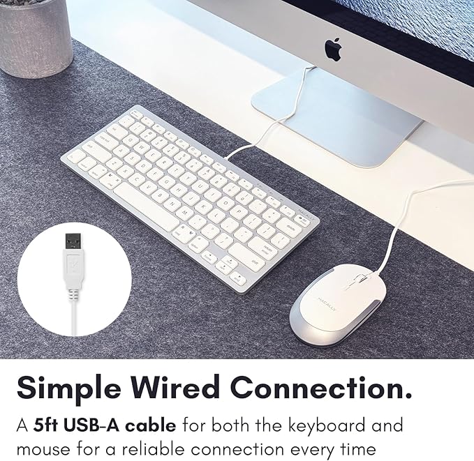 Macally USB Wired Keyboard and Mouse Combo for Mac and PC - Save Space with a Compact Small Apple Keyboard and Mouse for MacBook Pro/Air, iMac Mini/Pro