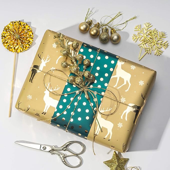 WRAPAHOLIC 30 Inch Green Christmas Wrapping Paper Roll - Jumbo Roll Green and Gold Holiday Design with Metallic Foil Shine - 4 Rolls - 30 Inch x 120 Inch Per Roll