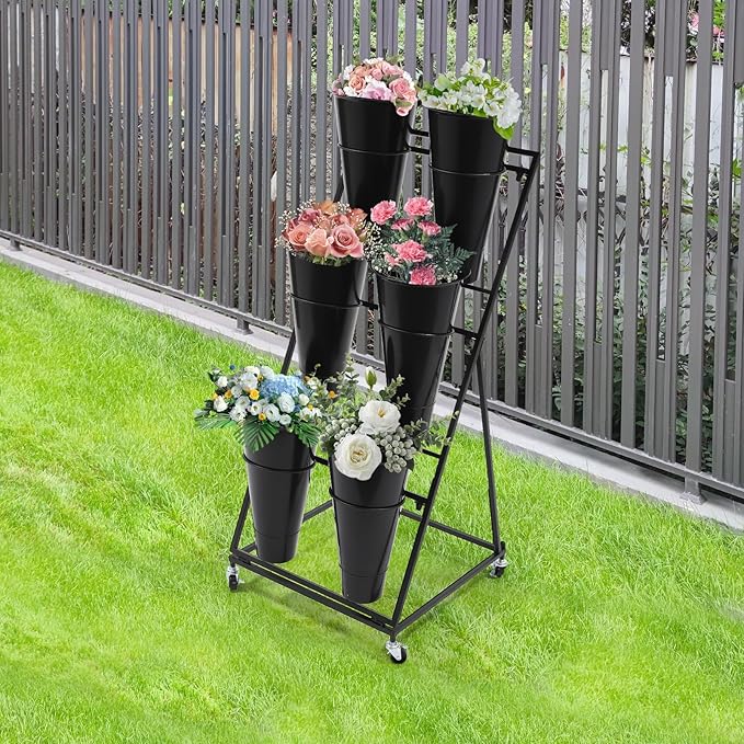 DYRABREST Flower Display Stand with Buckets, Black 3 Layers Metal Plant Stand with 6 Pieces Buckets, Moving Florist Bouquet Shelf for Fresh Flower Shop, for Patio Garden, Outdoor Flower Pop-Up Events