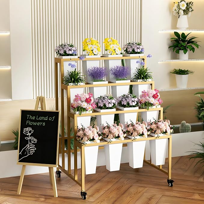 Flower Display Stand with 16 Buckets, 4 Layers Flower Bar, Gold Metal Plant Stand with Wheels, Heavy Duty Flower Cart for Indoor Outdoor Patio Garden Wedding Florist, Gold Metal Frame