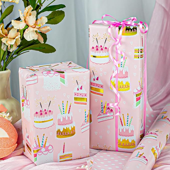 Homeral Pink Birthday Wrapping Paper Roll - 17 In x 33 Ft (46.5 sqft) Gift Wrap with Metallic Foil Cakes, Colorful Candles and Polka Dot Pattern for Girls Birthday, Baby Shower, Party, Valentines Day