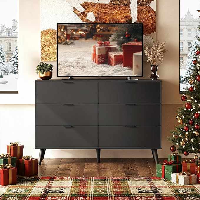WLIVE Black Dresser for Bedroom, 47.24'' Wide 6 Drawer Wooden Dresser Storage Organizer with Sturdy Metal Handle, TV Stand for 55 inch TV, Chest of Drawers for Living Room, Hallway, Closet