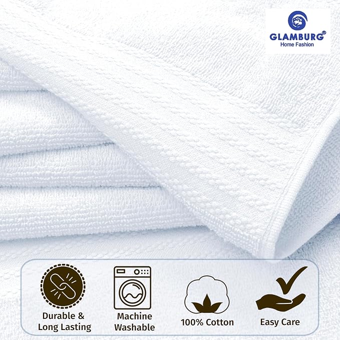GLAMBURG Ultra Soft 8-Piece Towel Set - 100% Pure Ringspun Cotton, Contains 2 Oversized Bath Towels 27x54, 2 Hand Towels 16x28, 4 Wash Cloths 13x13 - Ideal for Everyday use, Hotel & Spa - White