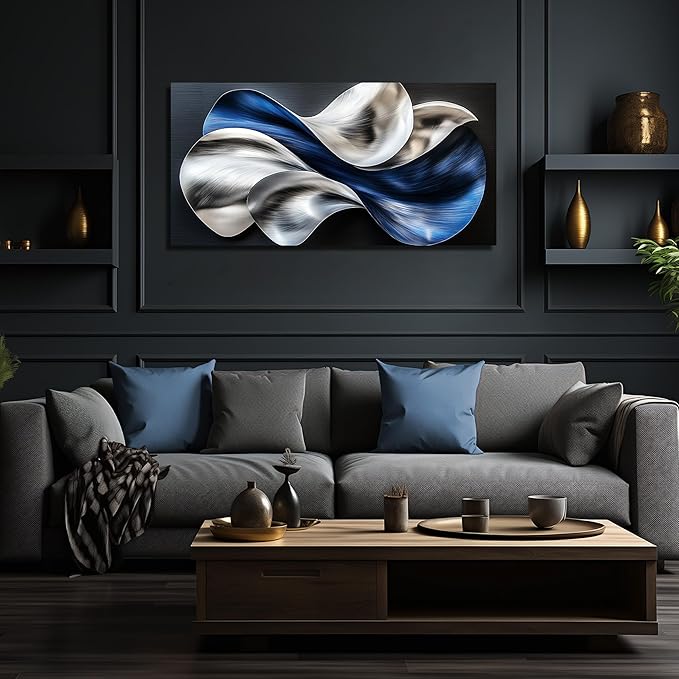 Blue Silver Abstract Picture Wall Art Modern 3D Textured Canvas Decor for Living Room Bedroom Office Flow Artwork 24" x 48"