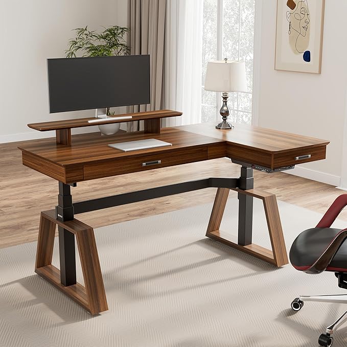 EUREKA ERGONOMIC Electric Standing Desk with Dual Drawers,63 Inches Height Adjustable L-Shaped Office Desk,Sit Stand desk Ergonomic Executive Desk Computer Workstations with Monitor Stand,Right/Walnut