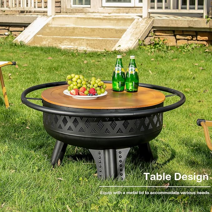 Panovue 32 Inch Outdoor Fire Pit with Grill, Wood Burning Firepit for Outside with Lid/Fire Poker, Metal Round Fire Pit Table for Patio Backyard Garden Bonfire Party