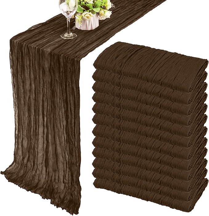 Fivenl 12 Pack Brown Boho Rustic Cheesecloth Table Runner 35x72 Inch Romantic Vintage Gauze Table Runner for Wedding Bridal Shower Birthday Party Table Decor