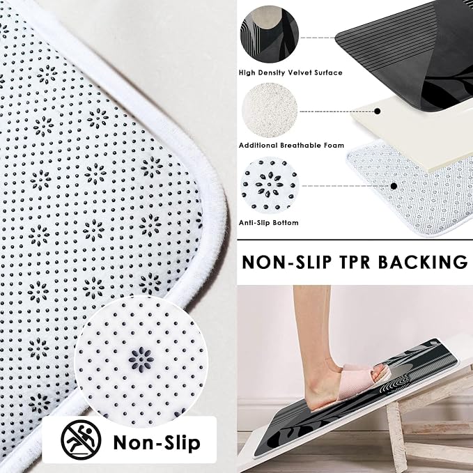 Boho Black and Grey Shower Curtain Set with Toilet Lid Cover and Non-Slip Rugs, Mid Century Modern Abstract Minimalist Leaves Neutral 4 Pcs Shower Curtain for Bathroom Set with 12 Hooks