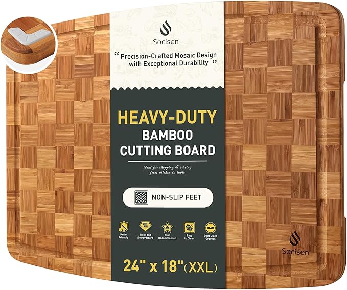 Extra Large Bamboo Cutting Board with Non Slip Feet and Over Sink Butcher Block Chopping Board Nice Solid Thick Wooden Juice Groove Big Xl XXl xlarge Kitchen Counter Organic Best Hardwood