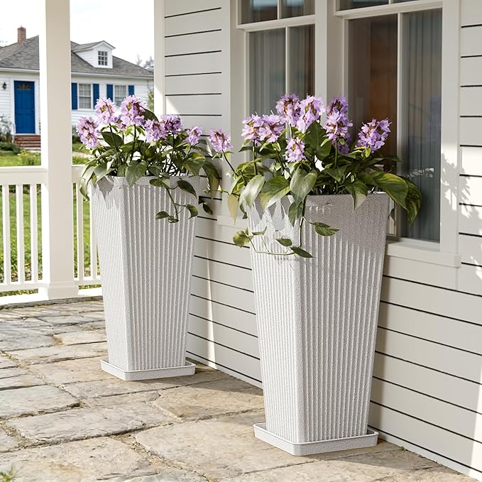 Square Tall Planters for Outdoor Plants Set of 2-23.6" Heavy-Duty Classic Tapered Indoor Flower Pots with Drainage Holes/Partition/Tray, Large Outdoor Planters for Porch Patio Garden, White