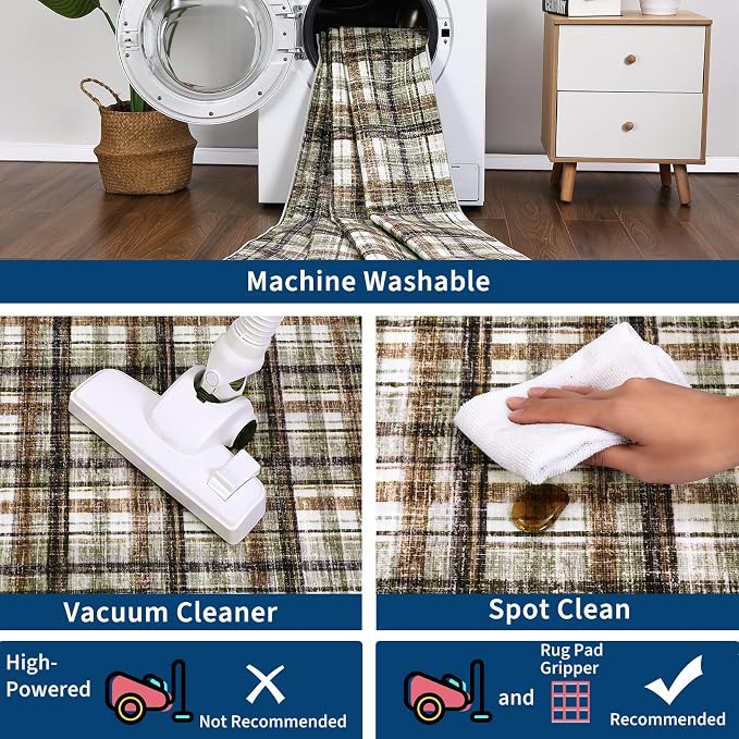 Washable Runners for Hallways 2x8 Rug Modern Bathroom Rugs Non Slip Kitchen Rugs Farmhouse Low Pile Entryway Rug Soft Stain Resistant Carpet for Laundry Hallway Bedside, 2'x8' Celadon&Coffee