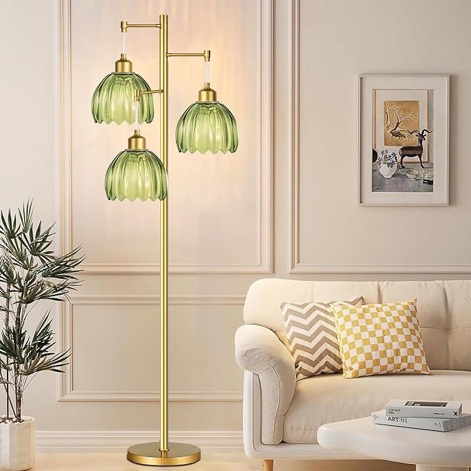 Glass Floor Lamp for Living Room,Bedroom,Gold Mid Century Modern Standing Lamp Brass Tree 3 Light Tall Floor Lamps Vintage Retro Floor Lights Green Flower Lamp Shade Farmhouse Boho Bohemian