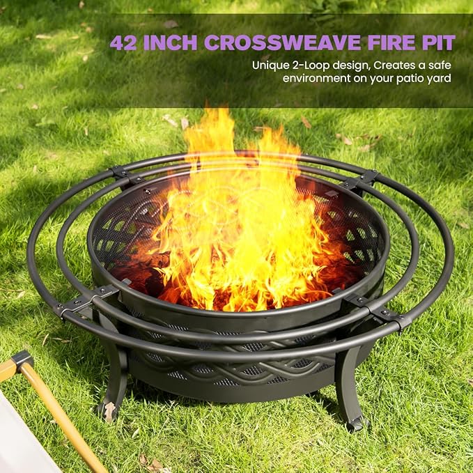 Panovue 42 Inch Outdoor Fire Pit with 2 Loops,Crossweave Wood Burning Fire Pits for Outside,with Spark Screen,Fire Poker,Round Metal Firepit for Patio,Backyard,Beach,Camping,Bonfire(42''Black)