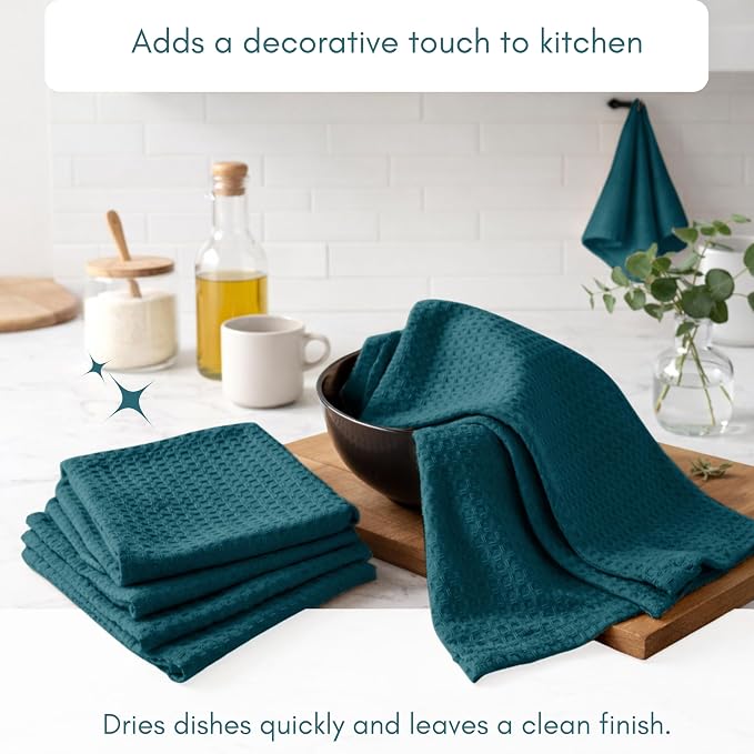 TWINY threads Kitchen Towels Set of 12, 16x26 Inches, 100% Cotton Waffle Weave Dish Towels, Soft and Absorbent Tea Towels with Hanging Loop, Washable Reusable Cloths for Cleaning, Teal Green