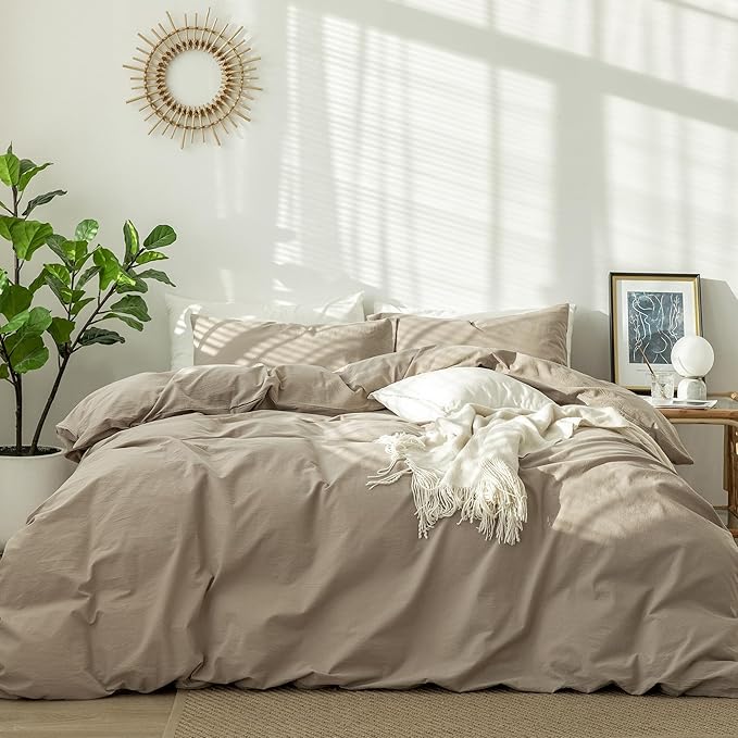 MooMee Bedding Duvet Cover Set 100% Washed Cotton Linen Like Textured Breathable Durable Soft Comfy (Solid Light Camel, Oversized Queen 98"x98")